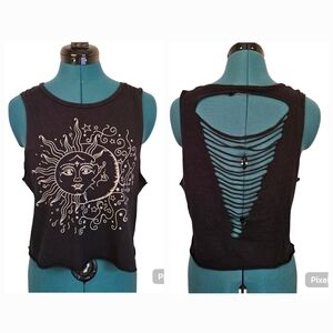 Trendyland black cotton knit with back cutouts sun print goth crop top size XS